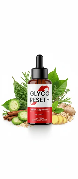 Glyco Reset dropper bottle in a studio shot styled with bitter melon, cinnamon sticks, ginger root, rosemary and grain