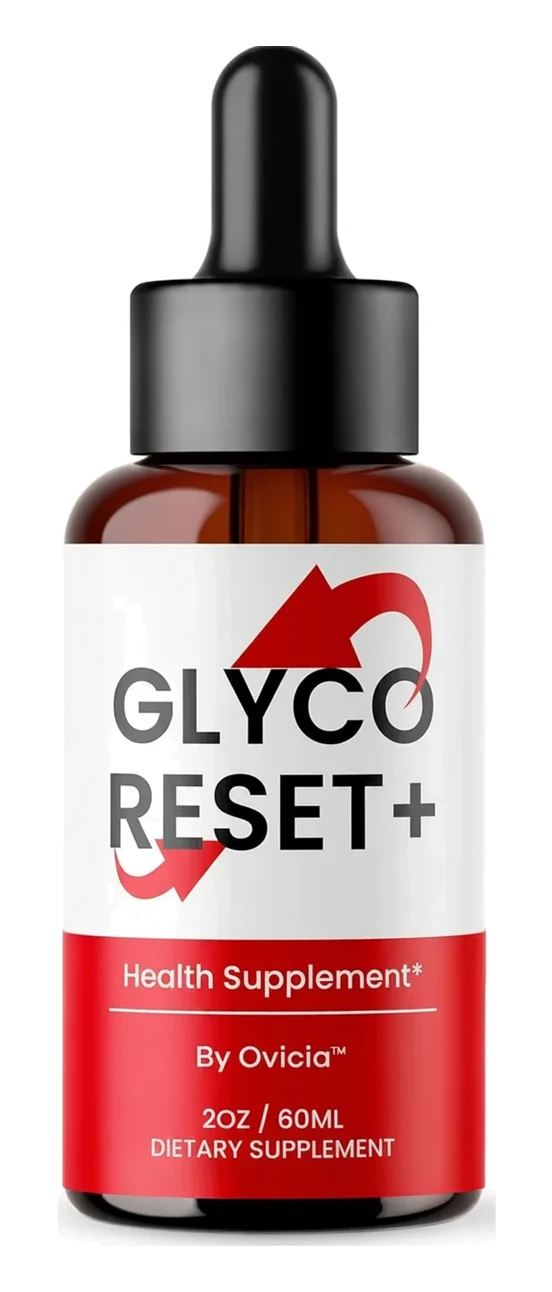 A single Glyco Reset+ amber dropper bottle with a black bulb cap, white label and red band reading By Ovicia, 2 oz / 60 mL, Dietary Supplement