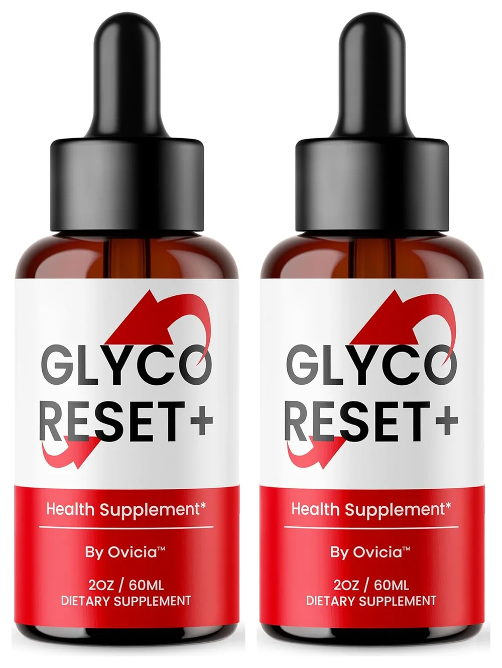 Two Glyco Reset+ amber dropper bottles with red label bands reading 2 oz / 60 mL, Dietary Supplement