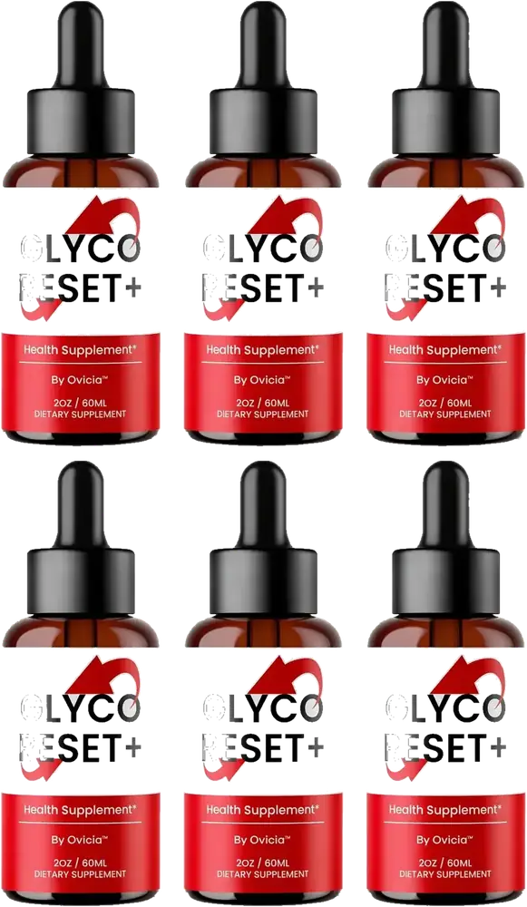 Six Glyco Reset+ dropper bottles in two rows, red label bands reading By Ovicia, 2 oz / 60 mL, Dietary Supplement